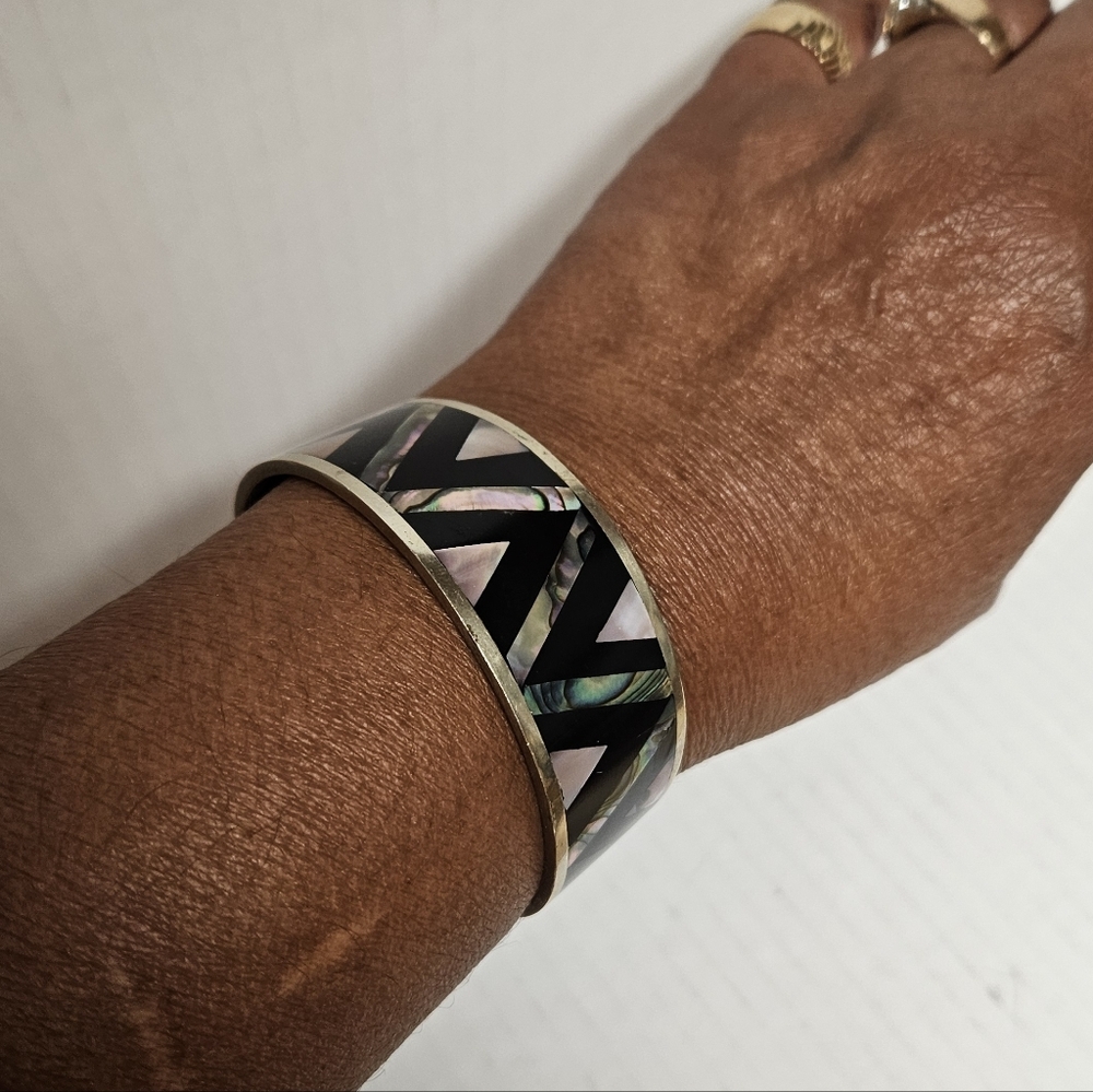 Vintage Alpaca Mexico Silver Half Cuff Bracelet with Embedded Enamel & Abalone